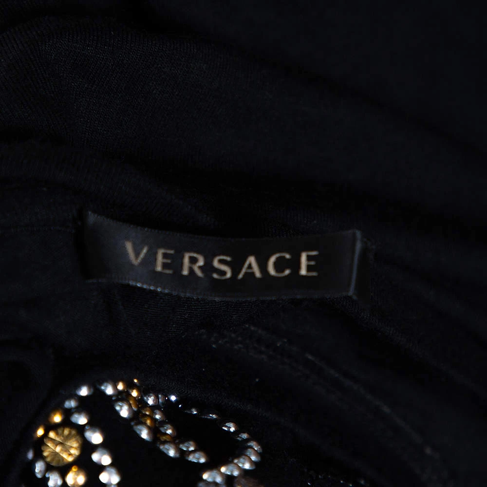 Versace Black & Gold Logo Embellished Jersey T Shirt M For Women - Image 5