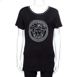Versace Black Jersey Medusa Icon Studded T-Shirt XL For Women