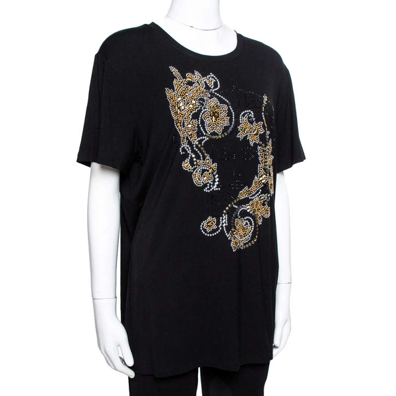 Versace Black & Gold Medusa Embellished Jersey T-Shirt XL For Women - Image 2