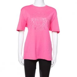 Versace Pink Cotton Medusa Appliqued Crew Neck T-Shirt L For Women