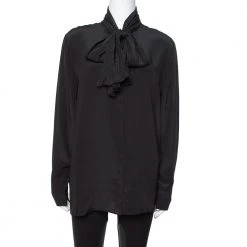 Versace Black Silk Tie Neck Detail Button Front Blouse L For Women