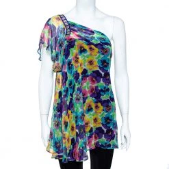 Versace Multicolor Floral Print Silk Asymmetric Sleeve Blouse M For Women