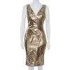 Versace Gold Foil Print Silk Sleeveless Sheath Dress M For Women