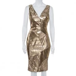 Versace Gold Foil Print Silk Sleeveless Sheath Dress M For Women