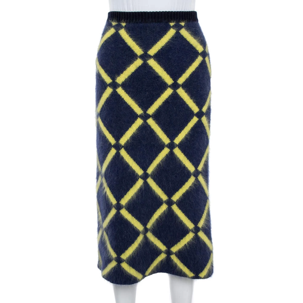 Versace Navy Blue Argyle Wool Knit Pencil Skirt M For Women