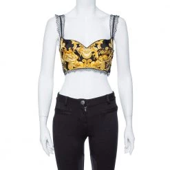 Versace Black Baroque Print Silk Bralette Top S For Women