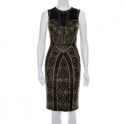 Versace Black Leather Metal Embellished Sheath Dress S For Women