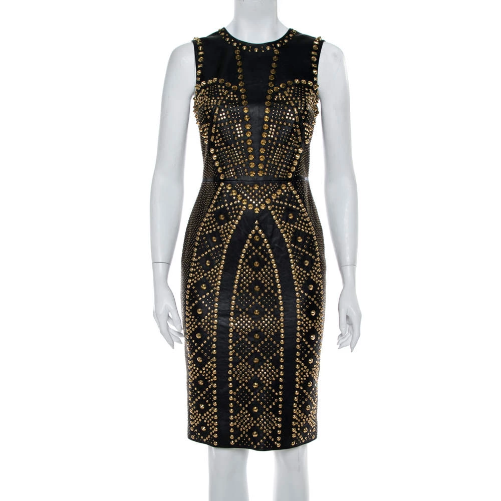 Versace Black Leather Metal Embellished Sheath Dress S For Women