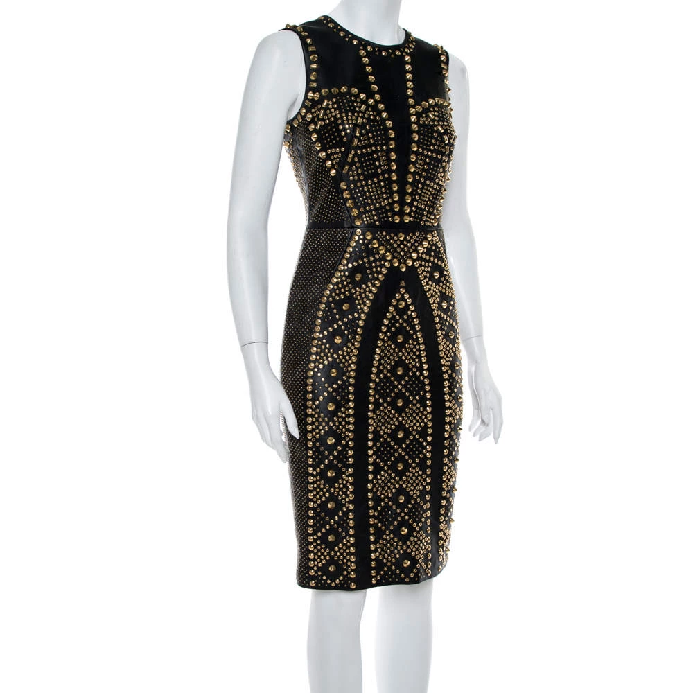 Versace Black Leather Metal Embellished Sheath Dress S For Women - Image 2