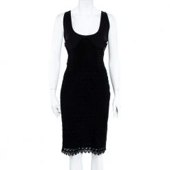 Versace Black Silk & Eyelet Lace Sleeveless Sheath Dress L For Women