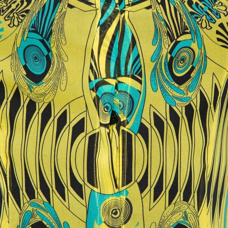 Versace Yellow Printed Silk Shirt & Cotton Mini Skirt Set S For Women - Image 5