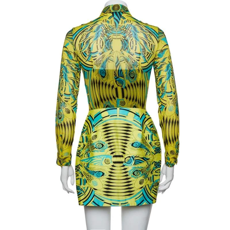 Versace Yellow Printed Silk Shirt & Cotton Mini Skirt Set S For Women - Image 3