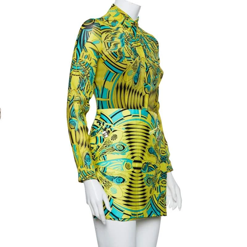 Versace Yellow Printed Silk Shirt & Cotton Mini Skirt Set S For Women - Image 2