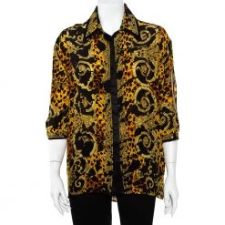 Versace Black & Yellow Printed Silk Double Collar Button Front Shirt L For Women