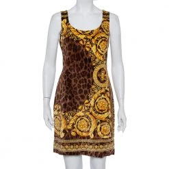 Versace Brown Animal And Baroque Print Velvet Sleeveless Sheath Dress M For Women