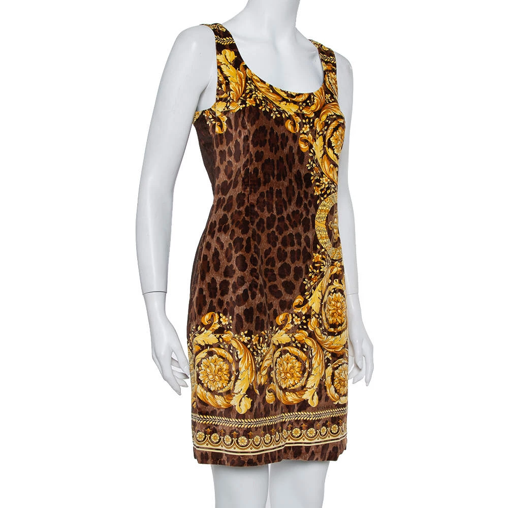 Versace Brown Animal And Baroque Print Velvet Sleeveless Sheath Dress M For Women - Image 2