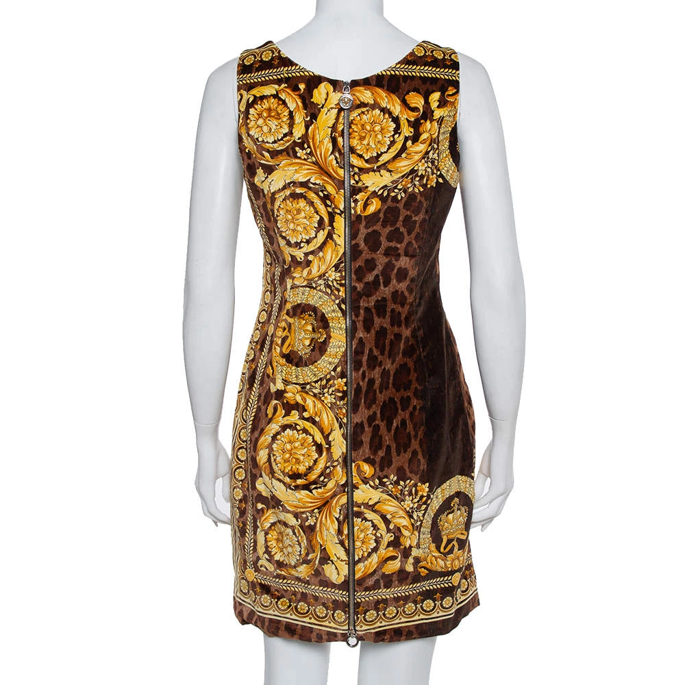 Versace Brown Animal And Baroque Print Velvet Sleeveless Sheath Dress M For Women - Image 3