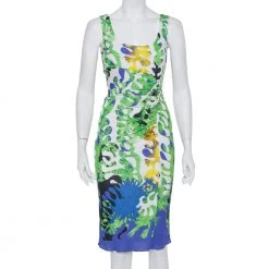 Versace Multicolor Knit Ruched Sleeveless Midi Dress M For Women