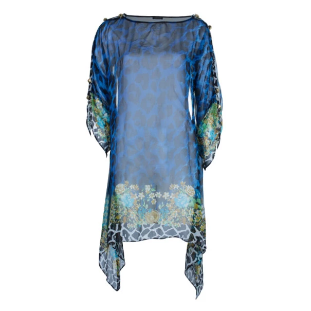 Versace Blue Animal Floral Silk Top M For Women