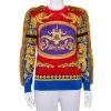 Versace Red & Blue Printed Cotton Fringed Detail Sweater XS For Women