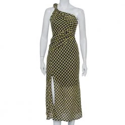 Versace Black & Yellow Wool Open Weave One Shoulder Midi Dress S For Women