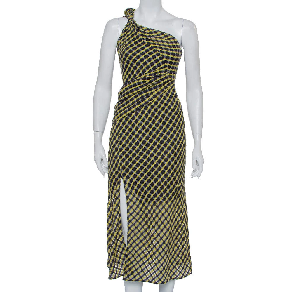 Versace Black & Yellow Wool Open Weave One Shoulder Midi Dress S For Women