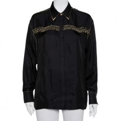 Versace Tribute Black & Gold Embellished Silk Button Front Shirt M For Women