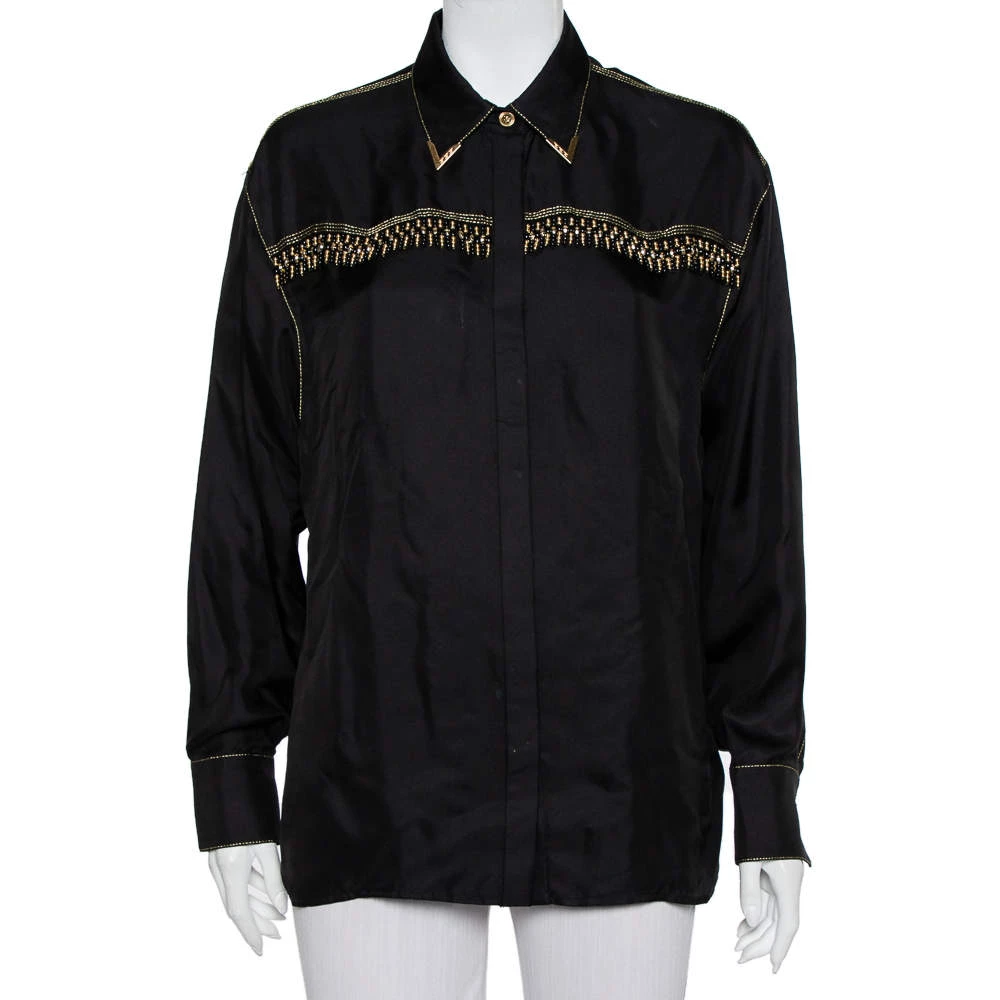Versace Tribute Black & Gold Embellished Silk Button Front Shirt M For Women