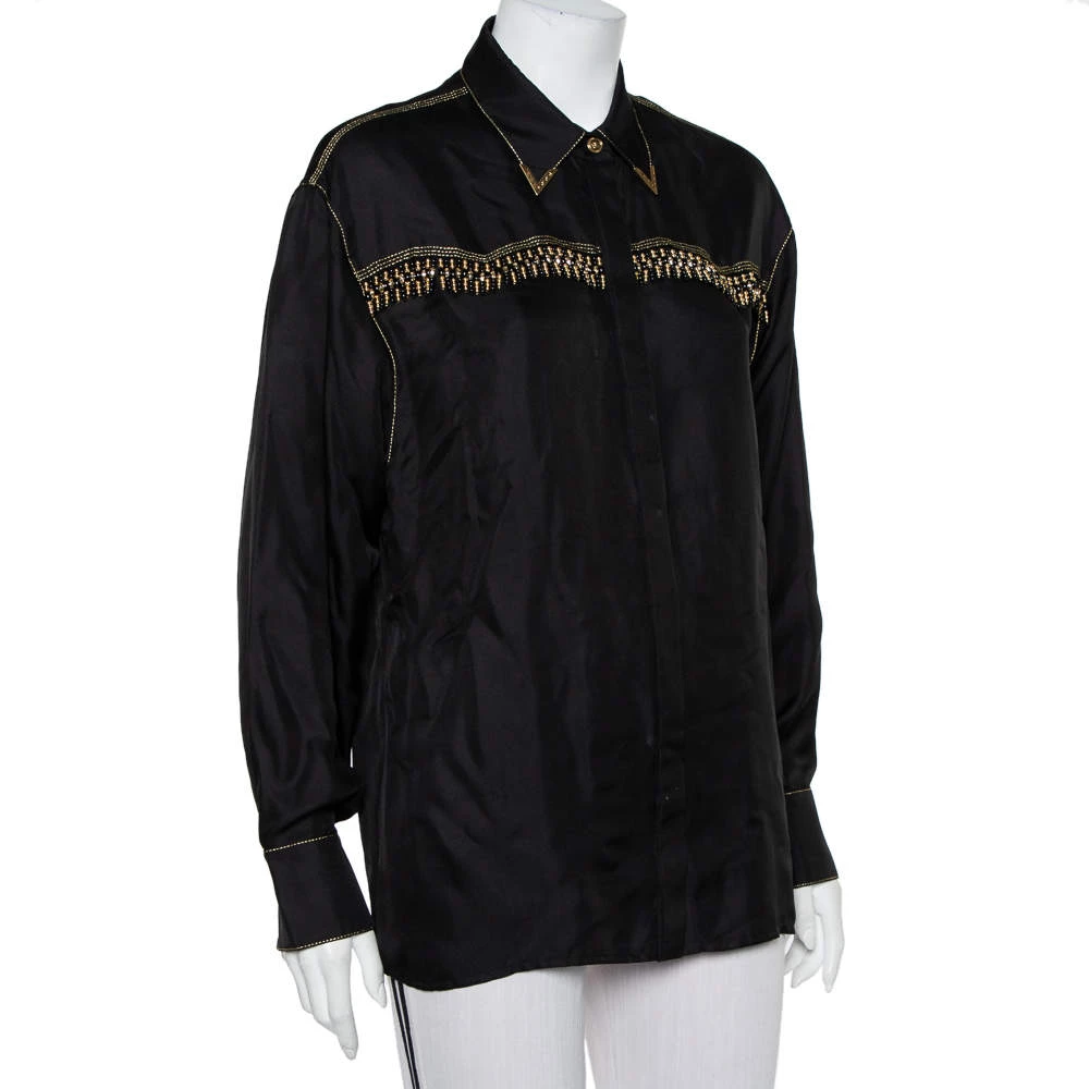 Versace Tribute Black & Gold Embellished Silk Button Front Shirt M For Women - Image 2