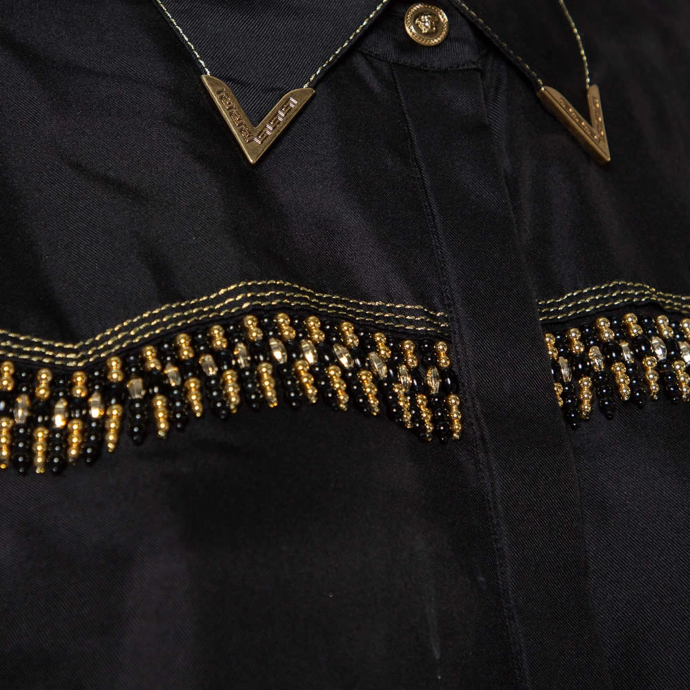 Versace Tribute Black & Gold Embellished Silk Button Front Shirt M For Women - Image 4