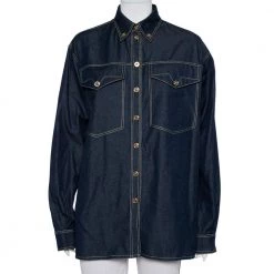 Versace Tribute Indigo Denim Gold Button Embellished Shirt M For Women