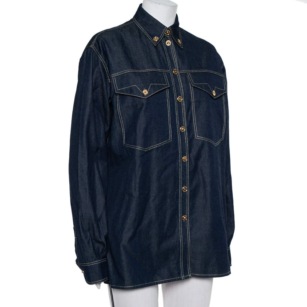 Versace Tribute Indigo Denim Gold Button Embellished Shirt M For Women - Image 2