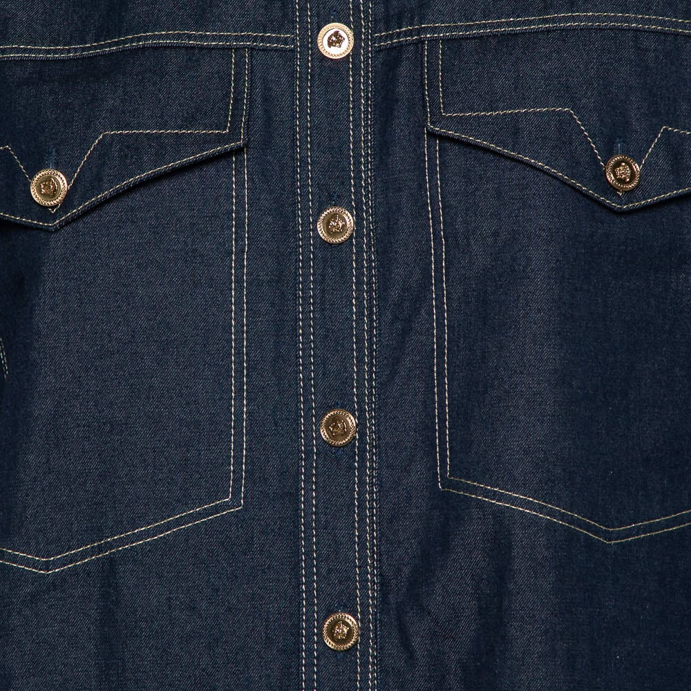 Versace Tribute Indigo Denim Gold Button Embellished Shirt M For Women - Image 4