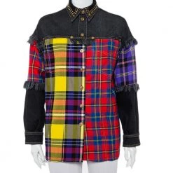 Versace Black Denim & Multicolor Plaided Wool Paneled Rockstud Collar Detail Shirt M For Women