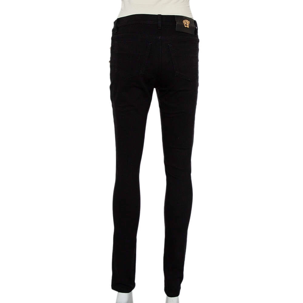 Versace Black Denim Button Embellished Paneled Jeans M For Women - Image 3
