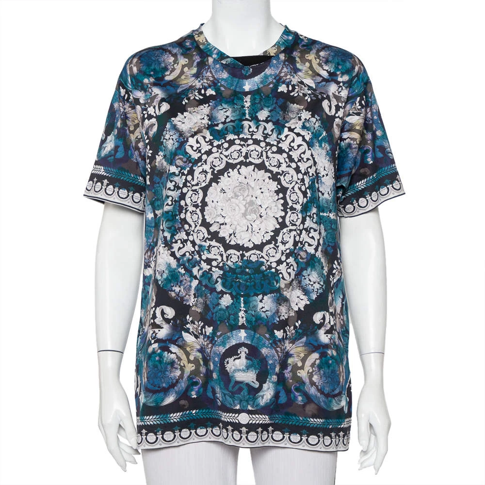Versace Blue Printed Cotton Oversized Crewneck T-Shirt S For Women