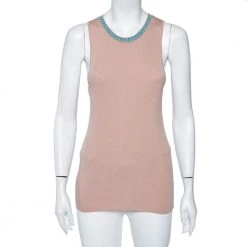 Versace Beige Knit Logo Neck Detail Tank Top L For Women