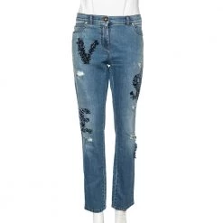 Versace Stone Washed Blue Cotton Logo Embroidered Jeans L For Women