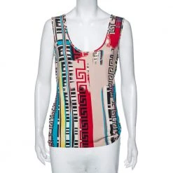 Versace Multicolored Greca Print Silk Knit Tank Top L For Women