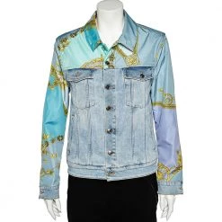 Versace Collection Blue Denim & Printed Synthetic Paneled Jacket M For Women