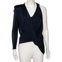 Versace Navy Blue Jersey Asymmetrical Draped Top S For Women