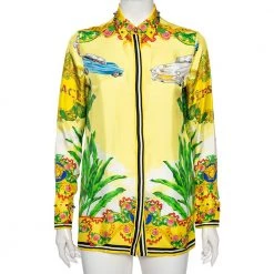 Versace Yellow Palm Tree Baroque Logo Printed Silk Shirt S For Women