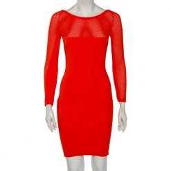 Versace Orange Textured Knit & Mesh Detailed Sheath Dress S For Women