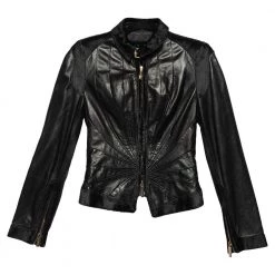 Versace Black Leather Fur Lined Biker Jacket S For Women