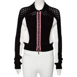 Versace Monochrome Open Knit Contrast Trim Zip Front Sweater M For Women
