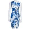 Versace Collection Blue Leaf Print Crepe Sleeveless Dress XS For Women