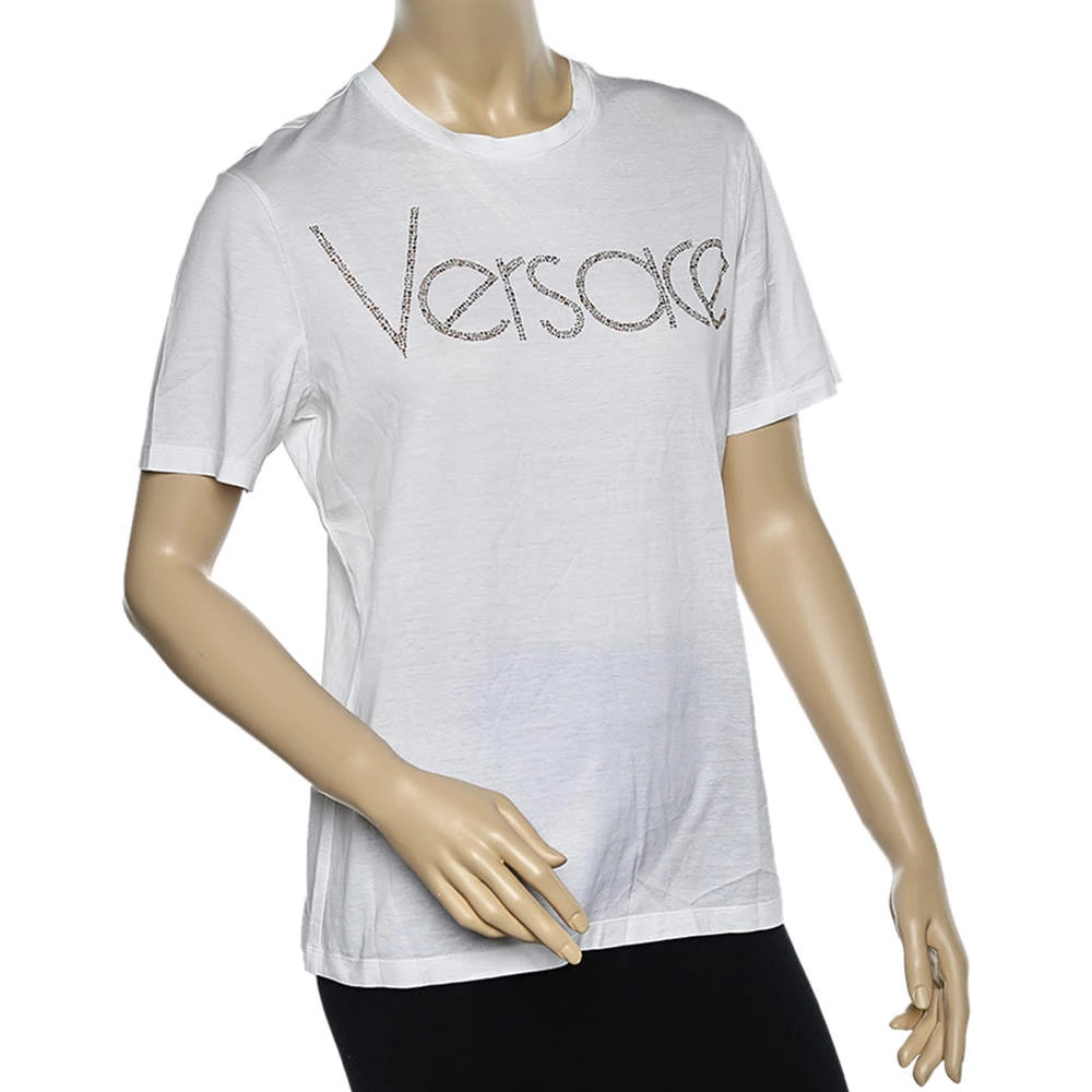 Versace White Logo Embellished Cotton Short Sleeve T-Shirt M For Women - Image 2