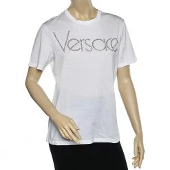 Versace White Logo Embellished Cotton Short Sleeve T-Shirt M For Women