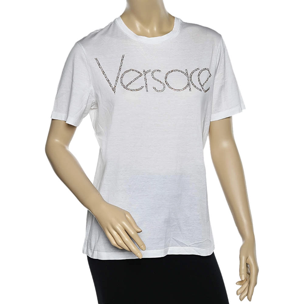Versace White Logo Embellished Cotton Short Sleeve T-Shirt M For Women