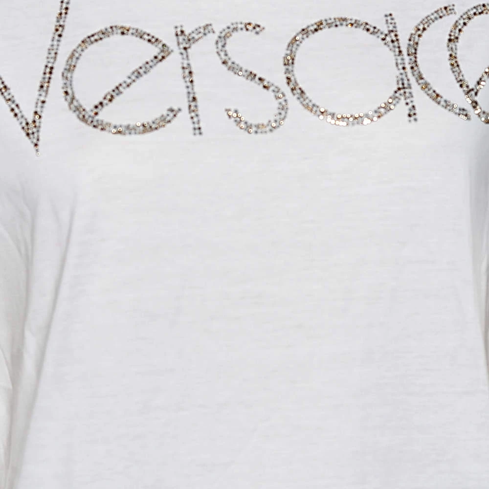 Versace White Logo Embellished Cotton Short Sleeve T-Shirt M For Women - Image 4